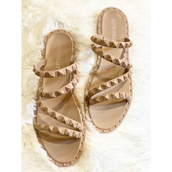 Olivia Miller Tulum Jelly Studded Sandals Sz 6 Nude Strappy Slip On Flat - Picture 1 of 8
